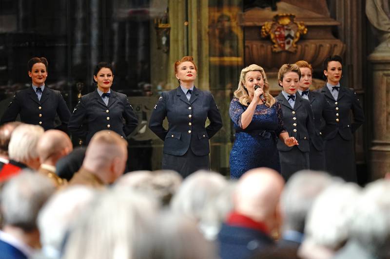 Katie Ashby and the D-Day Darlings perform 'The White Cliffs of Dover' during the Service of Thanksgiving for Forces' sweetheart Dame Vera Lynn at Westminster Abbey, London, on Monday. PA