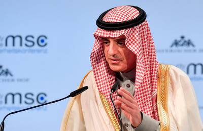 Saudi Arabia's foreign minister Adel bin Ahmed Al-Jubeir gives a speech during the Munich Security Conference on February 18, 2018 in Munich, southern Germany. / AFP PHOTO / THOMAS KIENZLE