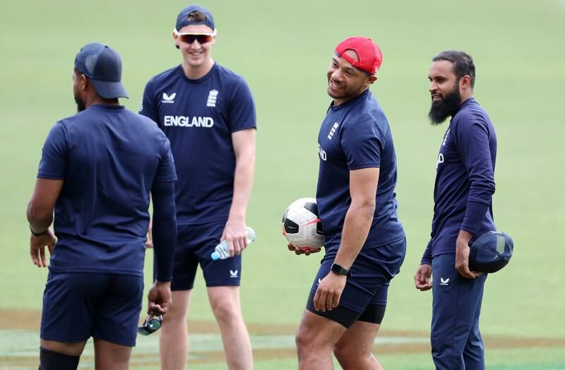 Tymal Mills, Adil Rashid and Harry Brook during an England training session at Adelaide Oval. Getty