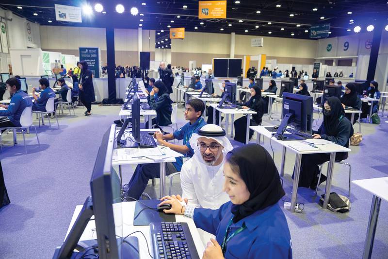 Sheikh Khaled bin Mohamed, member of the Abu Dhabi Executive Council and head of the Abu Dhabi Executive Office, attends the EmiratesSkills National Competition at the Abu Dhabi National Exhibition Centre