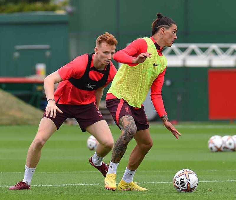 Sepp van den Berg and Darwin Nunez during Liverpool's training session in Kirkby. Getty