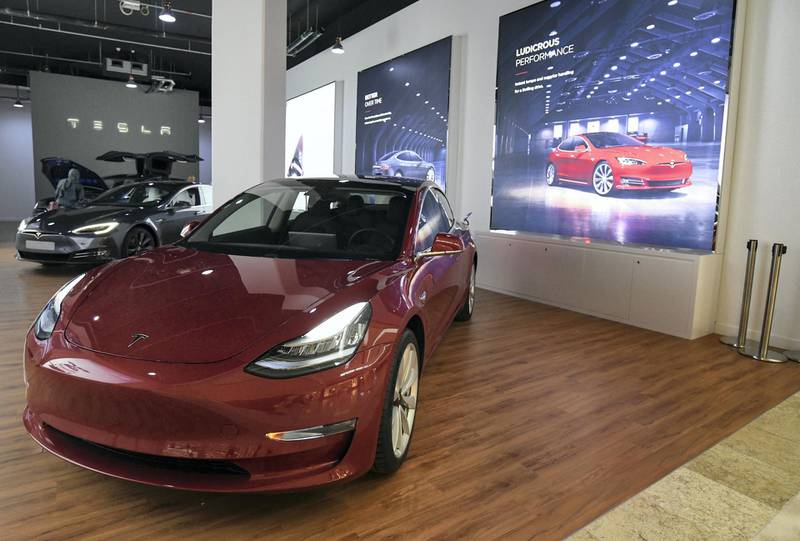 Abu Dhabi, United Arab Emirates - The new Model 3 Tesla at the newly opened pop up shop in Yas Mall. Khushnum Bhandari for The National
