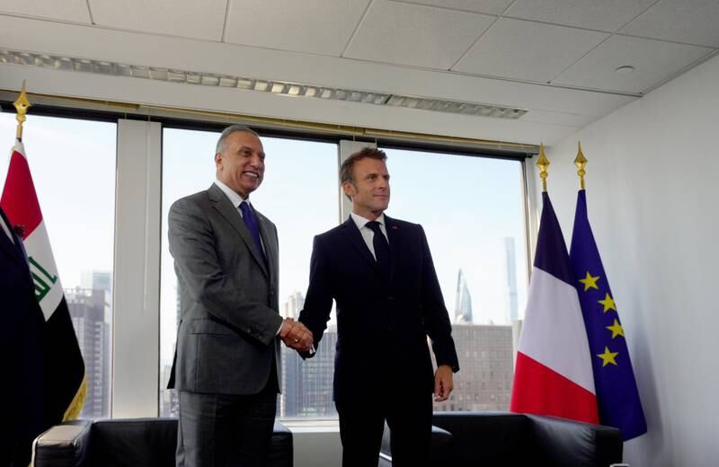 Mr Al Kadhimi meets France's President Emmanuel Macron. 
