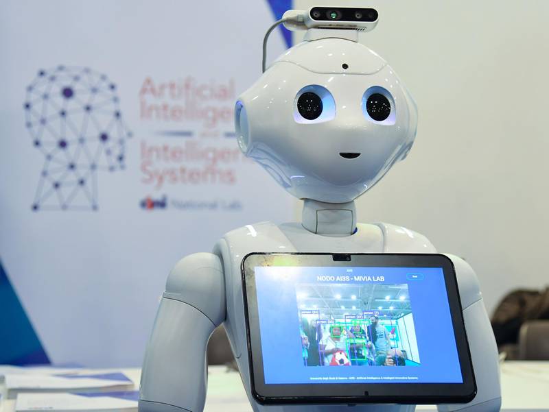 A robot from the Artificial Intelligence and Intelligent Systems (AIIS) laboratory of Italy's National Interuniversity Consortium for Computer Science (CINI) is displayed at the 7th edition of the Maker Faire 2019, the greatest European event on innovation, on October 18, 2019 in Rome. / AFP / Andreas SOLARO
