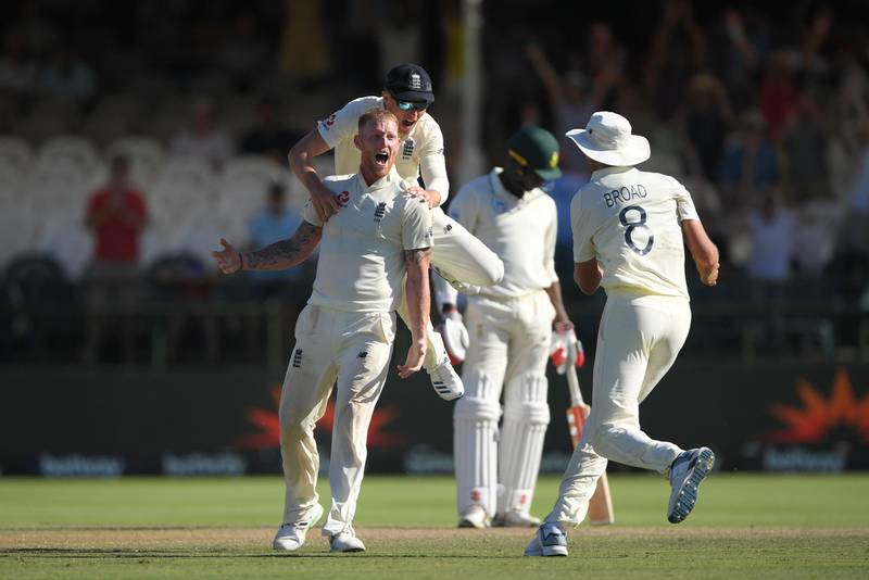 Ben Stokes celebrates taking the wicket of Vernon Philander and win the second Test for England against South Africa. Getty