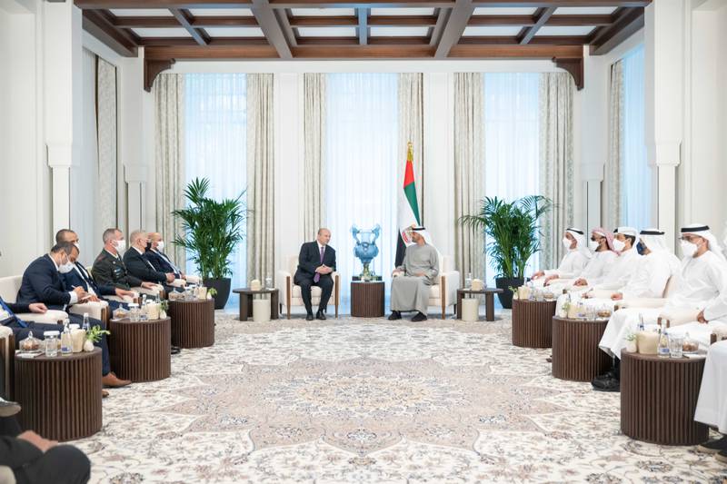 President Sheikh Mohamed bin Zayed meets with Naftali Bennett at Al Shati Palace. Rashed Al Mansoori / Ministry of Presidential Affairs