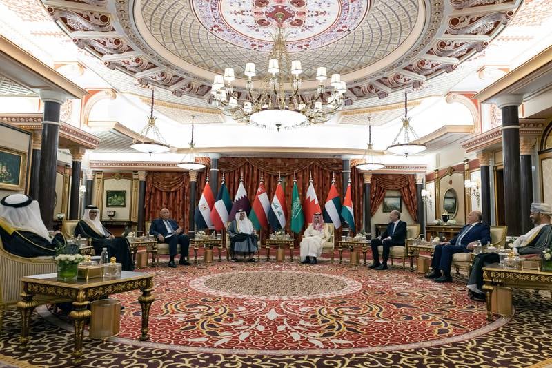 Foreign ministers from Iraq, Jordan, Egypt and GCC countries meet in Jeddah on April 14 to discuss Syria's return to the Arab League. EPA 