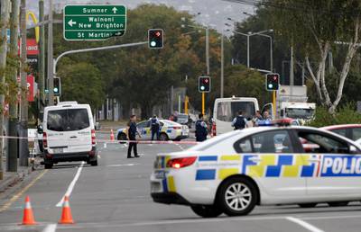 Police block the road near the shooting at a mosque in Linwood, Christchurch. AP Photo