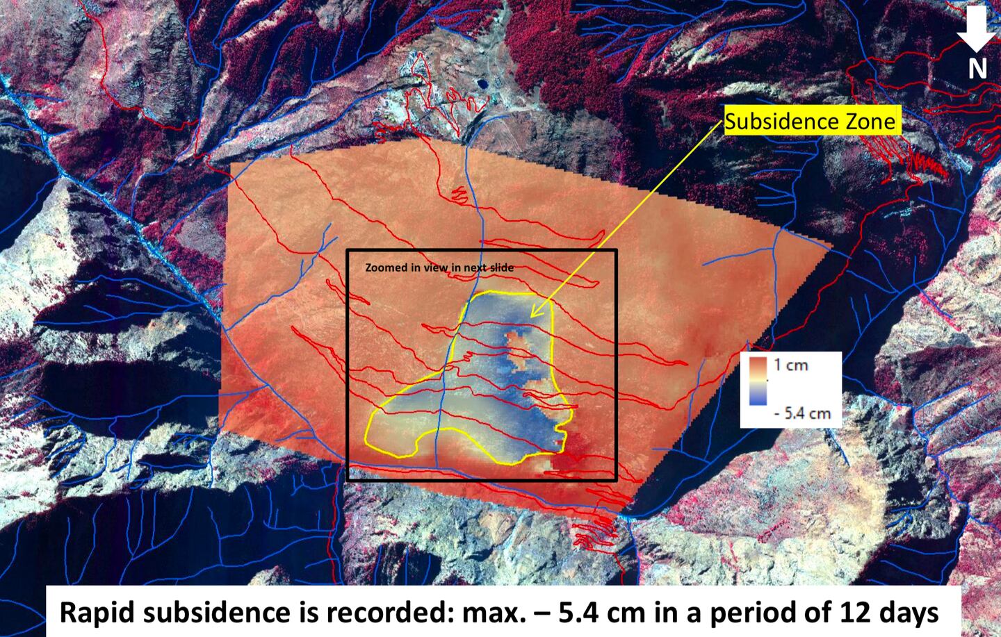 Satellite images show Joshimath sank by 5.4cm between December 27 and January 8. The red lines are roads and blue lines show drainage channels. Photo: ISRO
