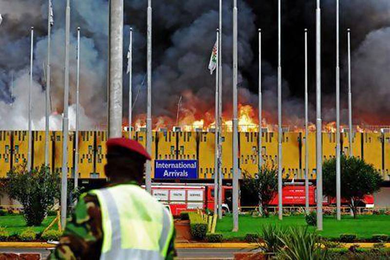 Flames and black smoke billow from the burning Jomo Kenyatta International Airport in Nairobi.