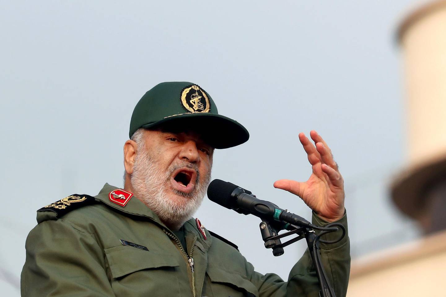 Chief of Iran's Revolutionary Guard Gen. Hossein Salami speaks at a pro-government rally denouncing last weekâ€™s violent protests over a fuel price hike, in Tehran, Iran, Monday, Nov. 25, 2019. (AP Photo/Ebrahim Noroozi)