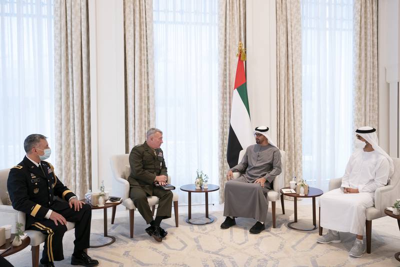 Sheikh Mohamed bin Zayed, Crown Prince of Abu Dhabi and Deputy Supreme Commander of the Armed Forces, meets US Central Command chief Gen Kenneth McKenzie at Qasr Al Shati. Sheikh Hamdan bin Mohamed was among the officials who attended the talks Ryan Carter / Ministry of Presidential Affairs