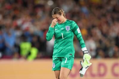 Mary Earps of England shows dejection after the team’s defeat to Spain. Getty