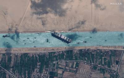 A view shows Ever Given container ship in Suez Canal in this Maxar Technologies satellite image. Satellite image ©2021 Maxar Technologies/Handout via Reuters