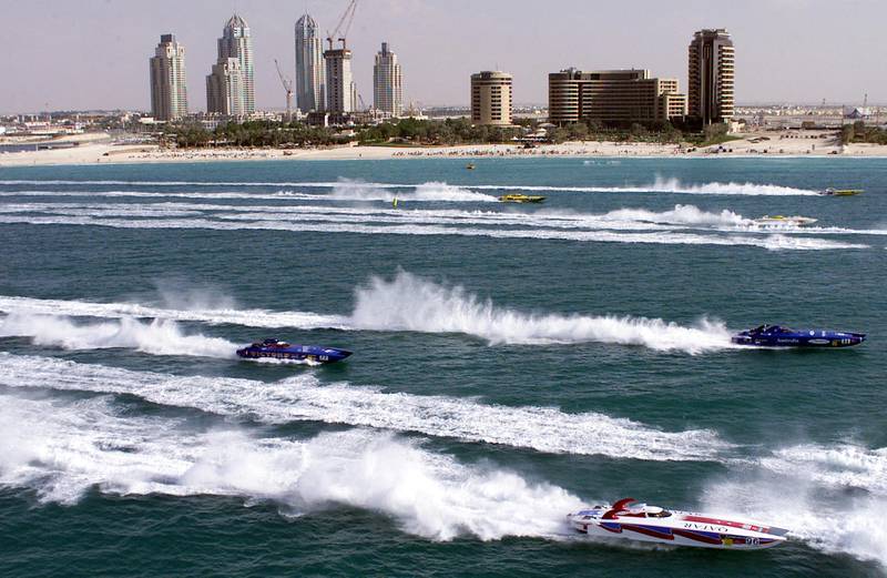 Power boats are seen racing off the coast of Dubai on December 12, 2003, on the final day of the Dubai Grand Prix. The Norway's Spirit won the eighth and final round of the Class One world championship. AFP