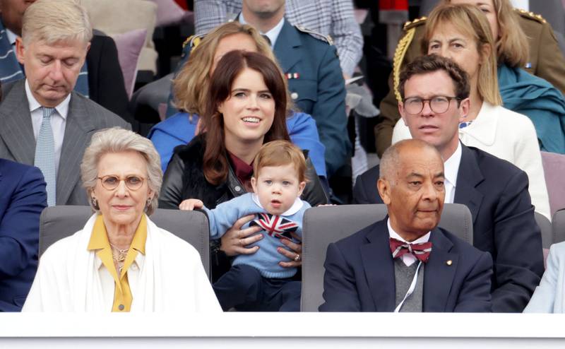 Princess Eugenie with her son, August, and husband Jack Brooksbank, behind the Duchess of Gloucester and Lord-Lieutenant of Greater London Ken Olisa during the platinum jubilee pageant on day four of the celebrations. PA
