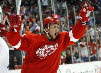 Detroit Red Wings player Justin Abdelkader celebrates a goal against the Toronto Maple Leafs in an NHL victory on Friday night. Paul Sancya / AP / October 9, 2015  