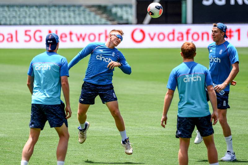Dominic Bess heads a football during a training session at the Adelaide Oval. AFP