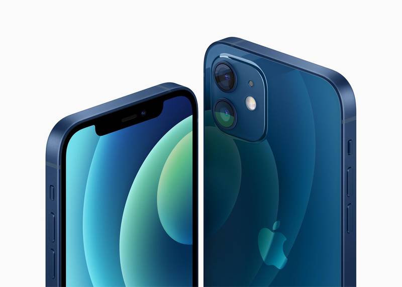 epa08741489 Handout image released by Apple showing the new iPhone 12 and iPhone 12 mini which come in five aluminum finishes including blue, green, black, white and (PRODUCT) RED, introduced during a special event at Apple Park in Cupertino, California, USA, 13 October 2020. The four new versions of the iPhone 12 were introduced along with a HomePod mini.  EPA/APPLE INC. / HANDOUT EDITORIAL USE ONLY, NO SALES