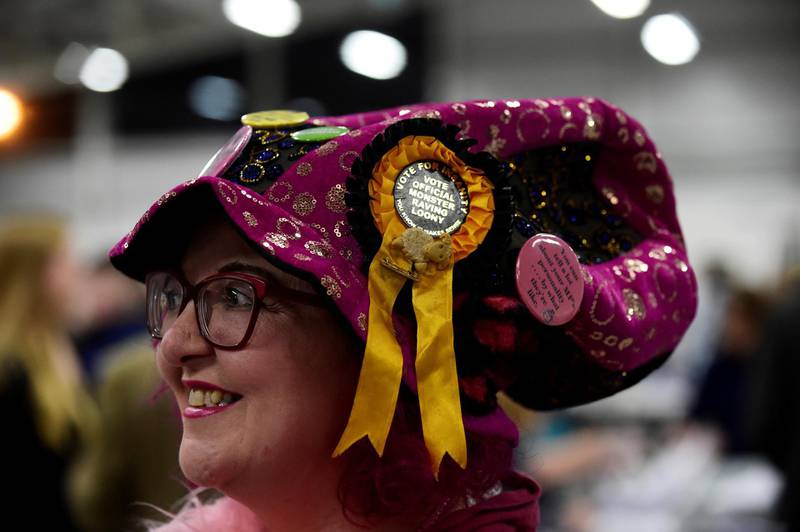 Official Monster Raving Loony Party candidate Lady Lily the Pink is seen as ballots are tallied at a counting centre for Britain's general election at Royal Welsh Showground, Builth Wells, Britain.  Reuters