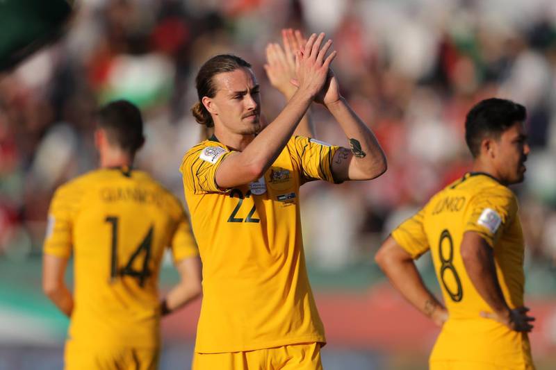 Jackson Irvine of Australia and his teammates celebrate following their victory in  the AFC Asian Cup Group B match between Palestine and Australia in Dubai. Getty Images
