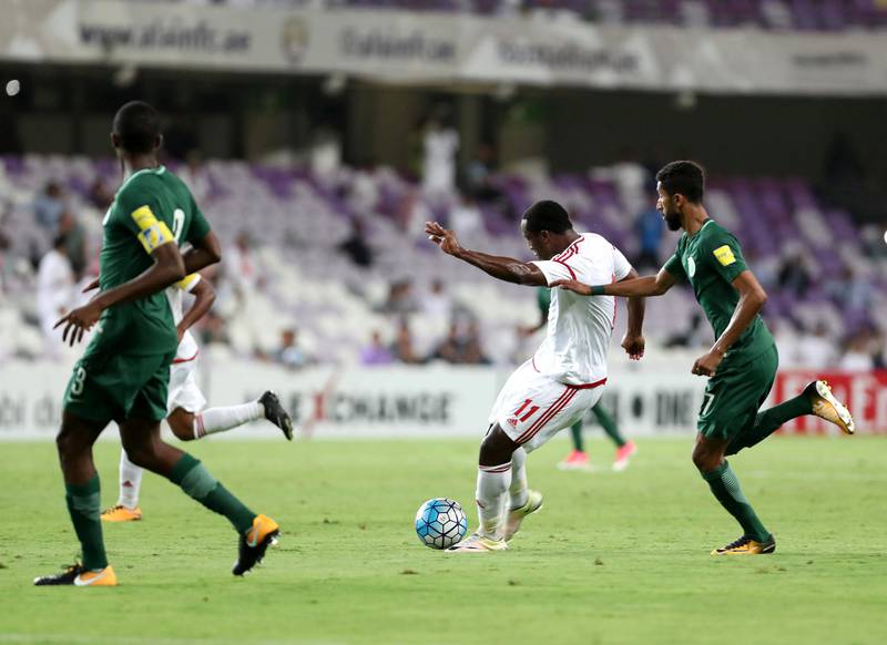 Al Ain, United Arab Emirates - August 29th, 2017: UAE's Ahmed Khalil scores during the World Cup qualifying game between UAE v Saudi Arabia. Tuesday, August 29th, 2017 at Hazza Bin Zayed Stadium, Al Ain. Chris Whiteoak / The National