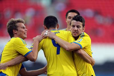 Sweden's man of the match, Valmir Berisha, centre, celebrates with teammates after scoring a goal one of this three goals in their win over Argentina to secure the bronze at the Fifa Under 17 World Cup in Abu Dhabi. Sammy Dallal / The National