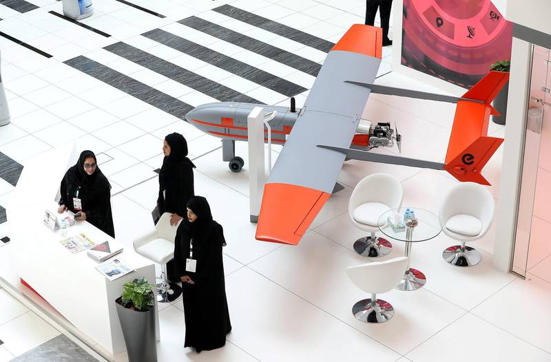 ABU DHABI, UNITED ARAB EMIRATES , Feb 23  – 2020 :- Drone on display at the Etimad stand on the first day of the UMEX & SimTEX held at Abu Dhabi National Exhibitions Centre in Abu Dhabi. (Pawan  Singh / The National) For News/Online/Instagram.  Story by Kelsey Warner 