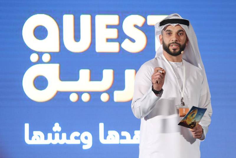 Khalid Khouri, Deputy General Manager at Quest Arabiya, gives information on some of the programming for the new TV channel, Quest Arabiya, during a press conference in Abu Dhabi. Delores Johnson / The National