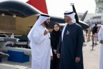 President Sheikh Mohamed at Dubai Airshow. More than 90 per cent of exhibitors rate the event as the most important aerospace event for their business, say organisers. Hamad Al Kaabi / UAE Presidential Court