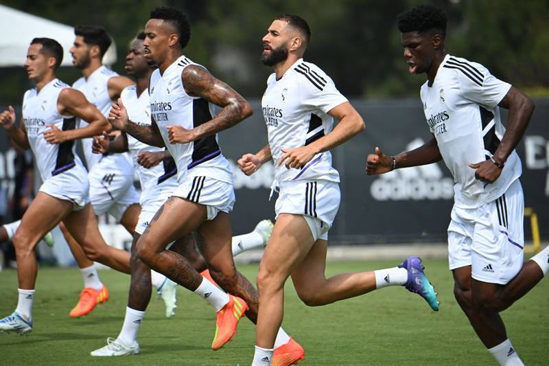 Real Madrid forward Karim Benzema, second right, trains with teammates in Los Angeles. AFP