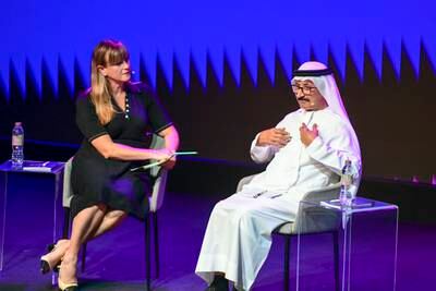 Brandy Scott of the Arabian Radio Network, left, and Sultan Ahmed Bin Sulayem, Group Chairman and CEO of DP World discuss 'How the Metaverse will Enable People and Operations'.