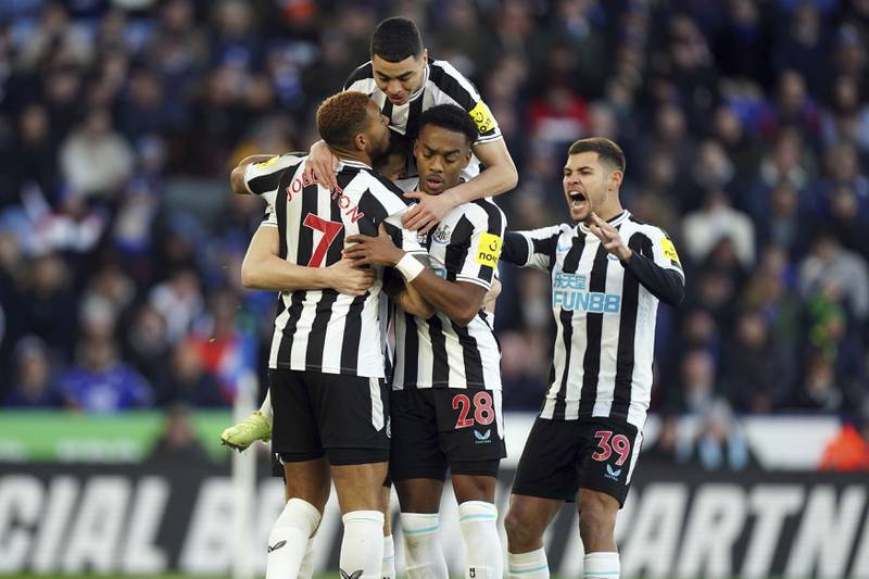 Newcastle United players celebrate with Joelinton after he scored the third goal in the 3-0 win over Leicester City at the King Power Stadium. PA