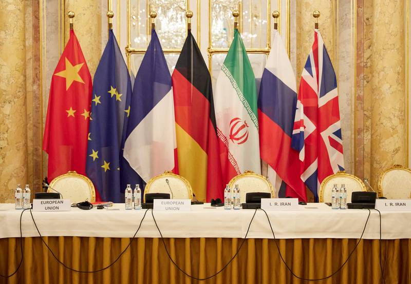 Flags of participating states at the the Iran nuclear deal negotiations in Vienna.  AFP