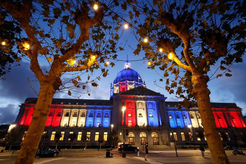 San Francisco City Hall is lit in red, white and blue in honor of the US Elections. EPA