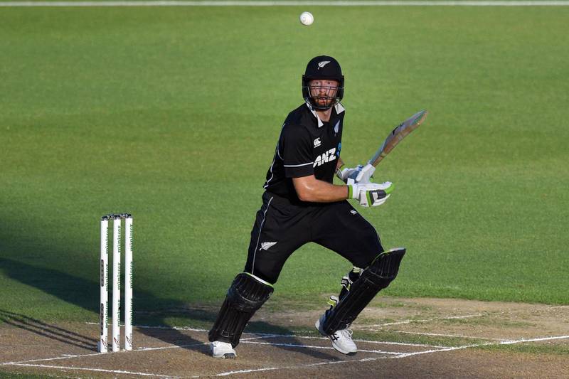 New Zealand's batsman Martin Guptill plays a shot during the first one-day international (ODI) cricket match between New Zealand and Bangladesh in Napier on February 13, 2019.   - 
 / AFP / Marty MELVILLE
