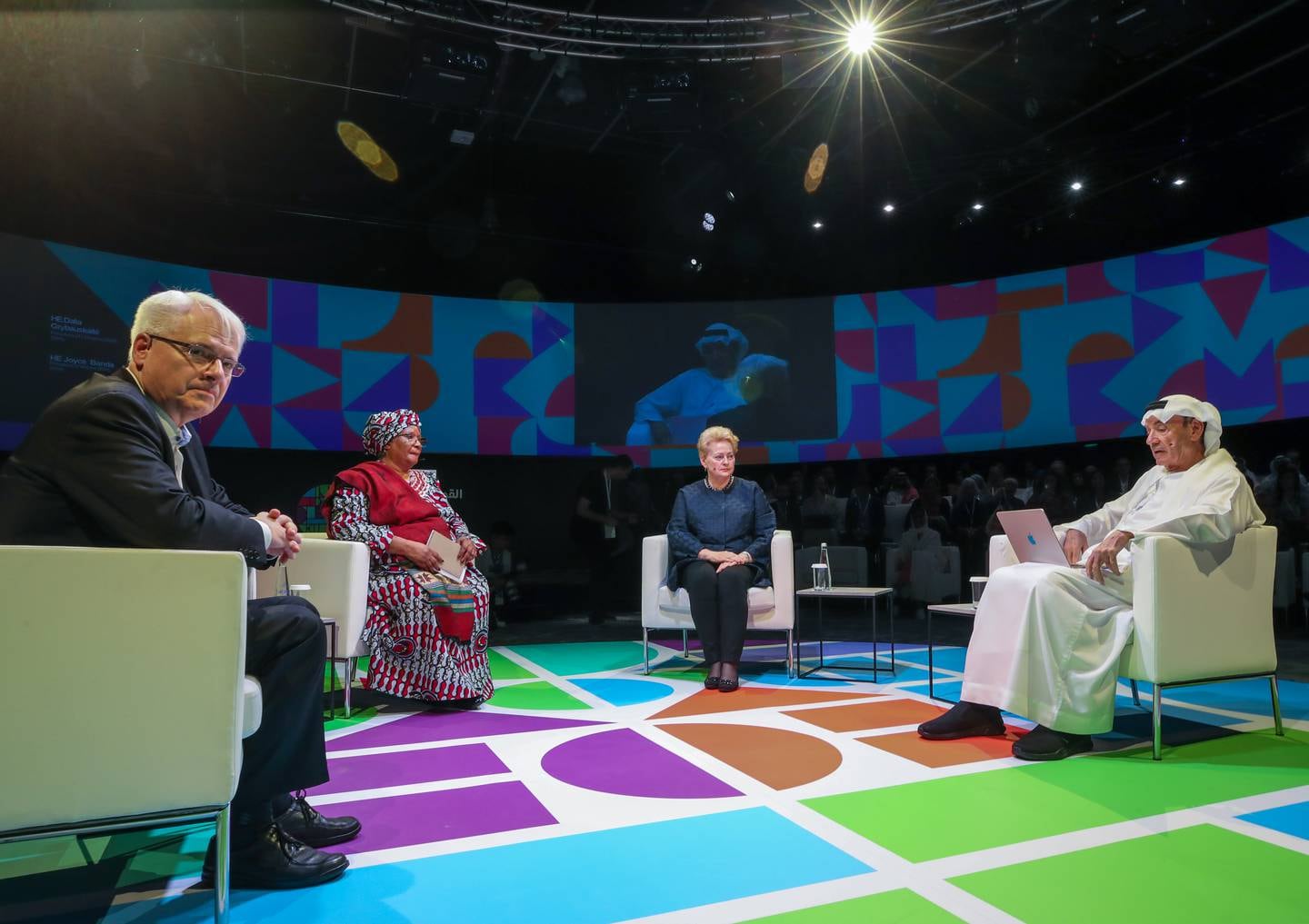 The speech was followed by a panel, from right, Zaki Nusseibeh, cultural advisor to the UAE President, discussed with three former heads of state Dalia Grybauskaite (Lithuania), Joyce the role of culture and government in building resilient societies Banda ( Malawi) and Ivo Josipovic (Croatia). Victor Bessa/The National