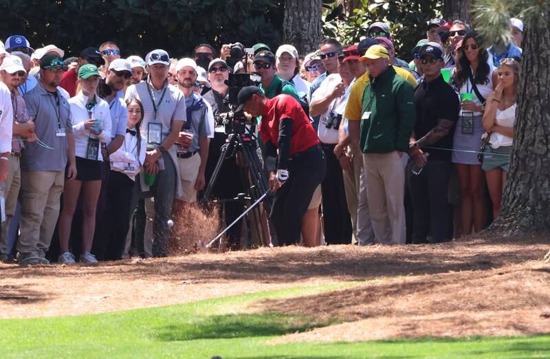 Tiger Woods hits out of the pine straw on the 14th hole during the final round of the Masters. EPA