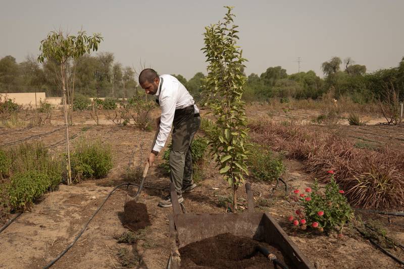 Mr Aissaoui works the soil in the Dubai summer heat. 'It is really difficult to work in the summer, because sometimes you have a leakage, you have no choice, you have to fix it … if you lose all the water, you are going to lose your animals, you are going to lose all your plants,' he says.