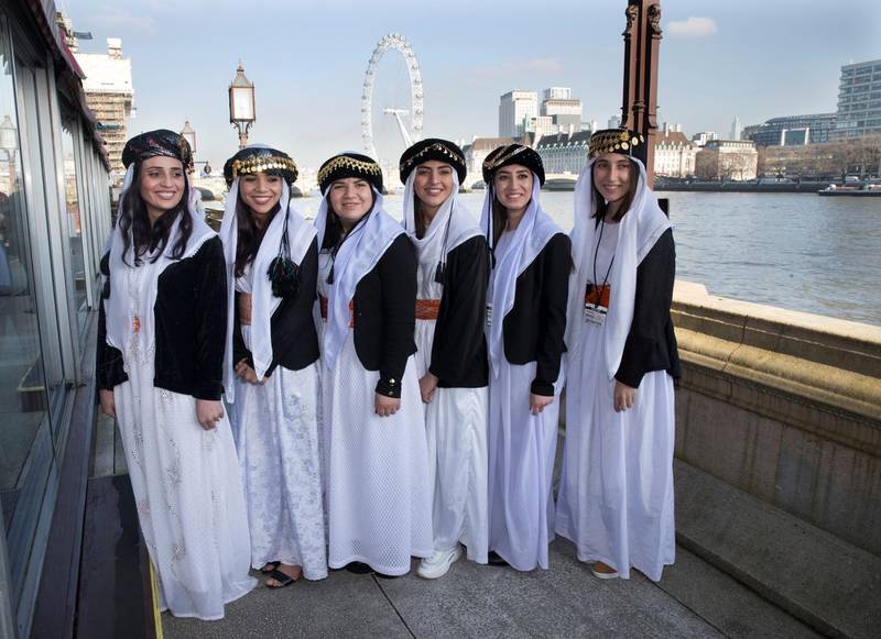 LONDON 6th February 2020. Members of the Yazidi Choir on the terrace of the Houses of Parliament in London before their performance for UK politicians and their guests, during their tour of the United Kingdom.  Stephen Lock for the National . Words: Claire Corkery. 