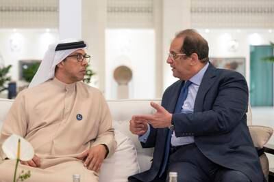 Sheikh Mansour bin Zayed, Vice President, Deputy Prime Minister and Minister of the Presidential Court, speaks with Maj Gen Abbas Kamel, head of the Egyptian General Intelligence Directorate, at Al Shati Palace