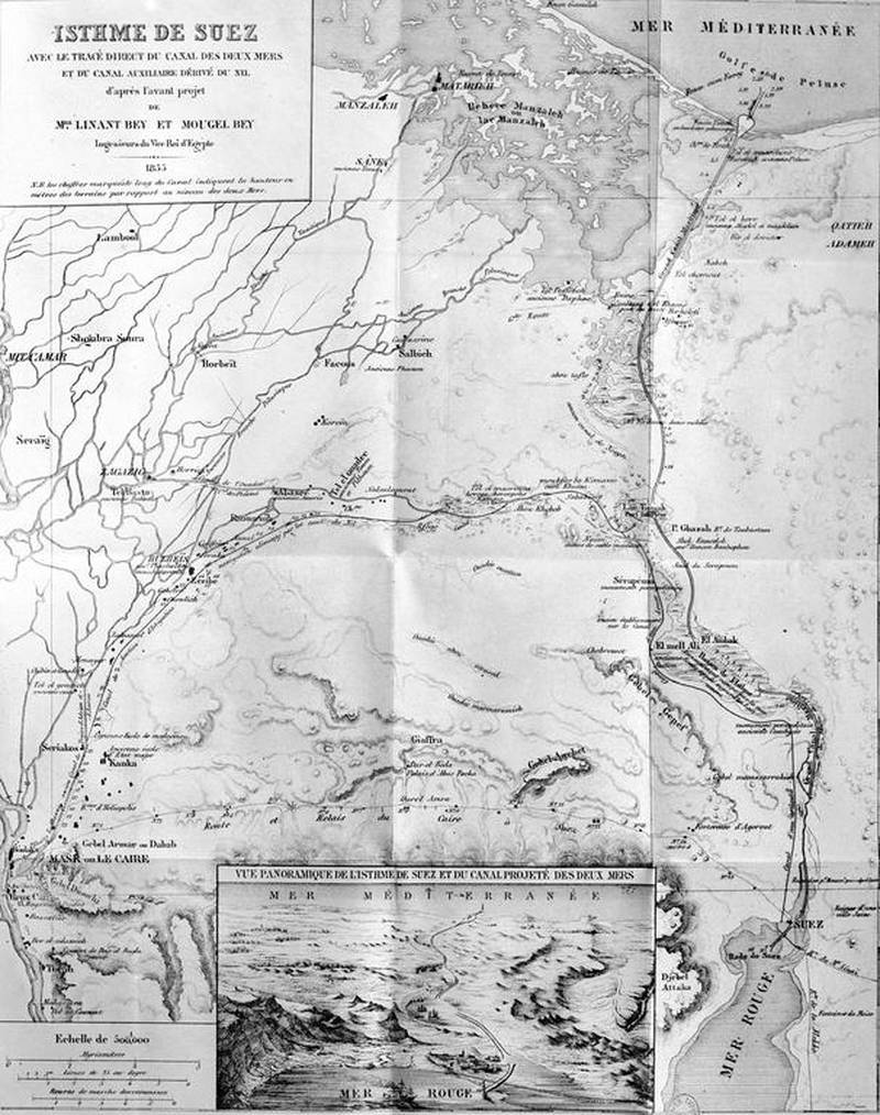 The Isthmus of Suez with the plan of the Canal of two Seas and of the diverted auxiliary canal of the Nile. From the pilot study of Misters Linant Bey and Mougel Bey, engineers of viceroy of Egypt, 1855. In 1809 topographical data on the Suez Canal was published by French academics in Description de l'Égypte. Contained one of the first maps of the Suez Canal, and formed the basis for an early French plan to construct a canal, later abandoned.  Fieldwork was conducted during Napoleon's 1798 – 1801 military campaign in Egypt. Napoleon's surveyers incorrectly believed that the Red Sea was 9 metres higher than the Mediterranean sea, making construction impossible. Roger Viollet Collection / Getty Images