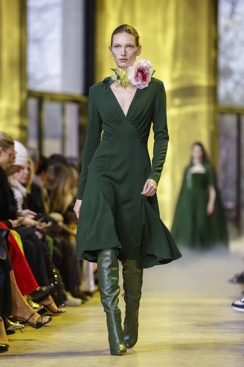A beautifully simple dress and boots are part of Elie Saab autumn/winter 2023. AP