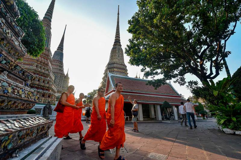 Buddhist monks walk in the Wat Pho temple in Bangkok, Thailand. The Thai capital, ranking second, is set to see a 6.9 per cent increase in international visitors in 2019.  AFP