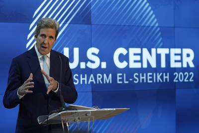 John Kerry, US special presidential envoy for climate, at  Cop27 in Sharm El Sheikh, Egypt. AP Photo