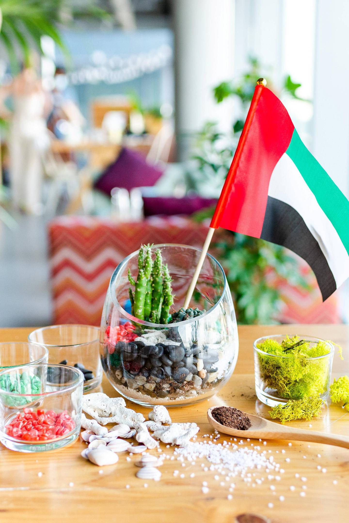 A terrarium created using pebbles, coral and succulents in the colours of the UAE flag. Photo courtesy Turquoise Boutique Studio and Similitude Photography