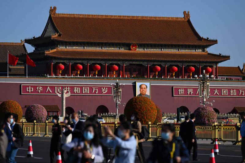 A portrait of the late Communist leader Mao Zedong is displayed on Tiananmen Gate in Beijing ahead of the opening session of the 20th Chinese Communist Party's Congress at the Great Hall of the People. AFP