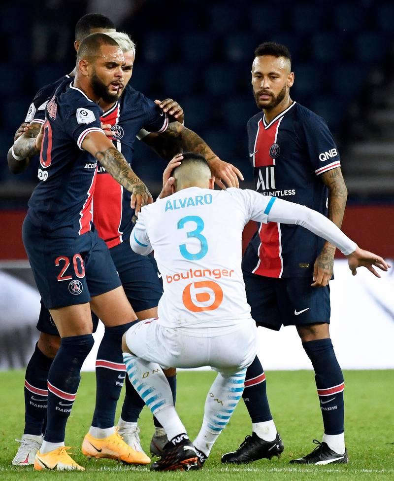 Marseille's Alvaro Gonzalez after the clash with Neymar, right. EPA