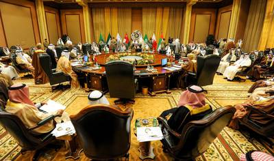 epa06366478 A general view of the foreign ministers meeting ahead of the 38th Gulf Cooperation Council (GCC) Summit, at Bayan palace in Kuwait City, Kuwait, 04 December 2017. Gulf Cooperation Council (GCC) Foreign Ministers held their 144th meeting ahead of the 38th Summit on 05 and December.  EPA/NOUFAL IBRAHIM