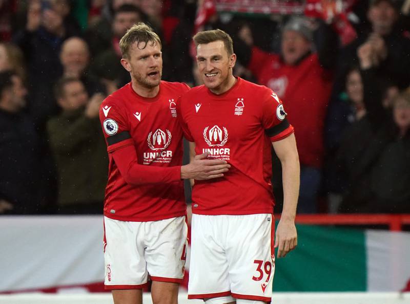 Forest's Chris Wood (right) celebrates with Joe Worrall. PA